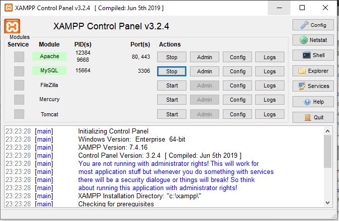 XAMMP panel